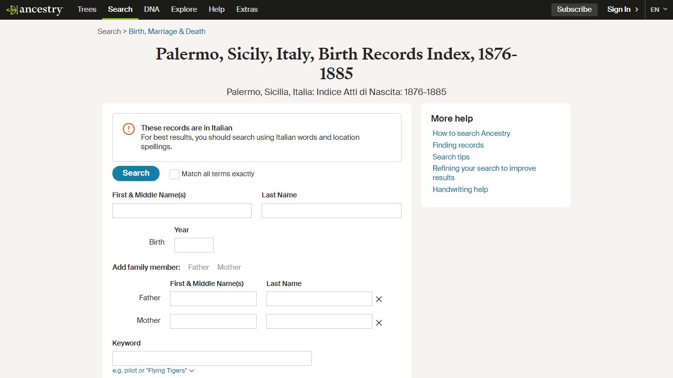 Palermo, Sicily, Italy, Birth Records Index, 1876-1885